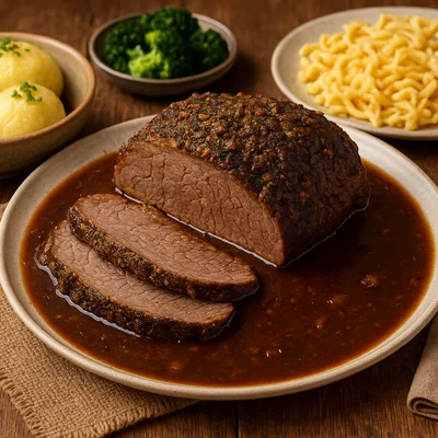 Saftiger Rinderbraten aus dem Ofen mit kräftiger Bratensauce