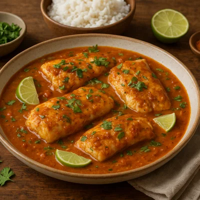 Poulet Fish – geschmorter Fisch in würziger Tomaten-Kokos-Sauce