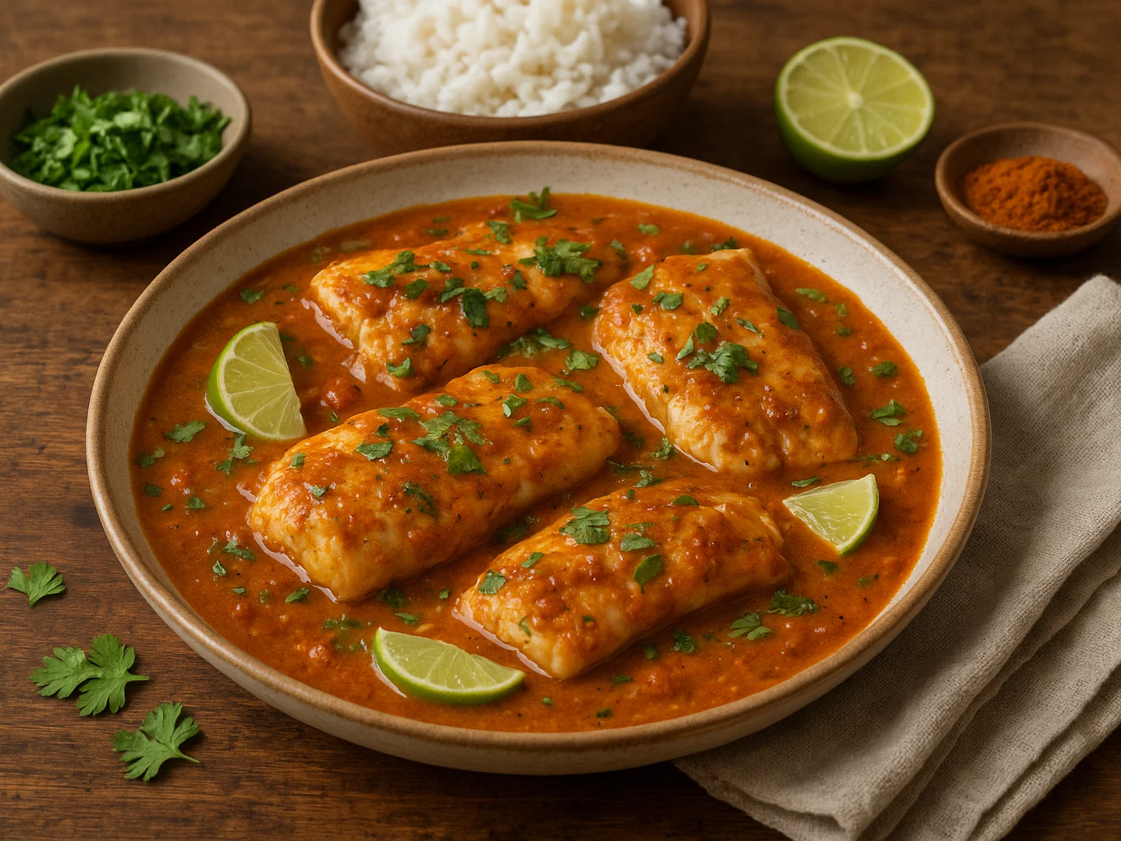 Poulet Fish – geschmorter Fisch in würziger Tomaten-Kokos-Sauce