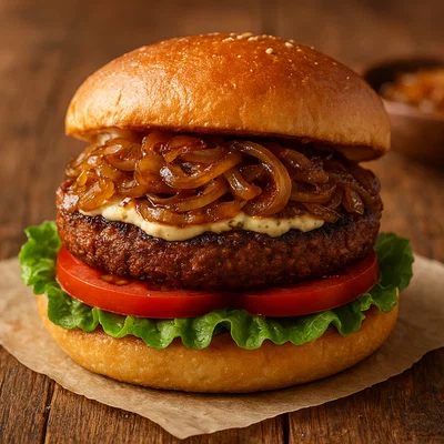 Vegane Beyond-Burger mit karamellisierten Zwiebeln
