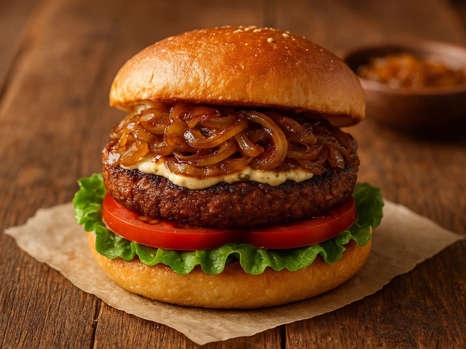 Vegane Beyond-Burger mit karamellisierten Zwiebeln