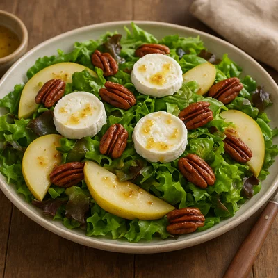 Ziegenkäse-Salat mit Birnen, Pekannüssen und Honig-Senf-Dressing