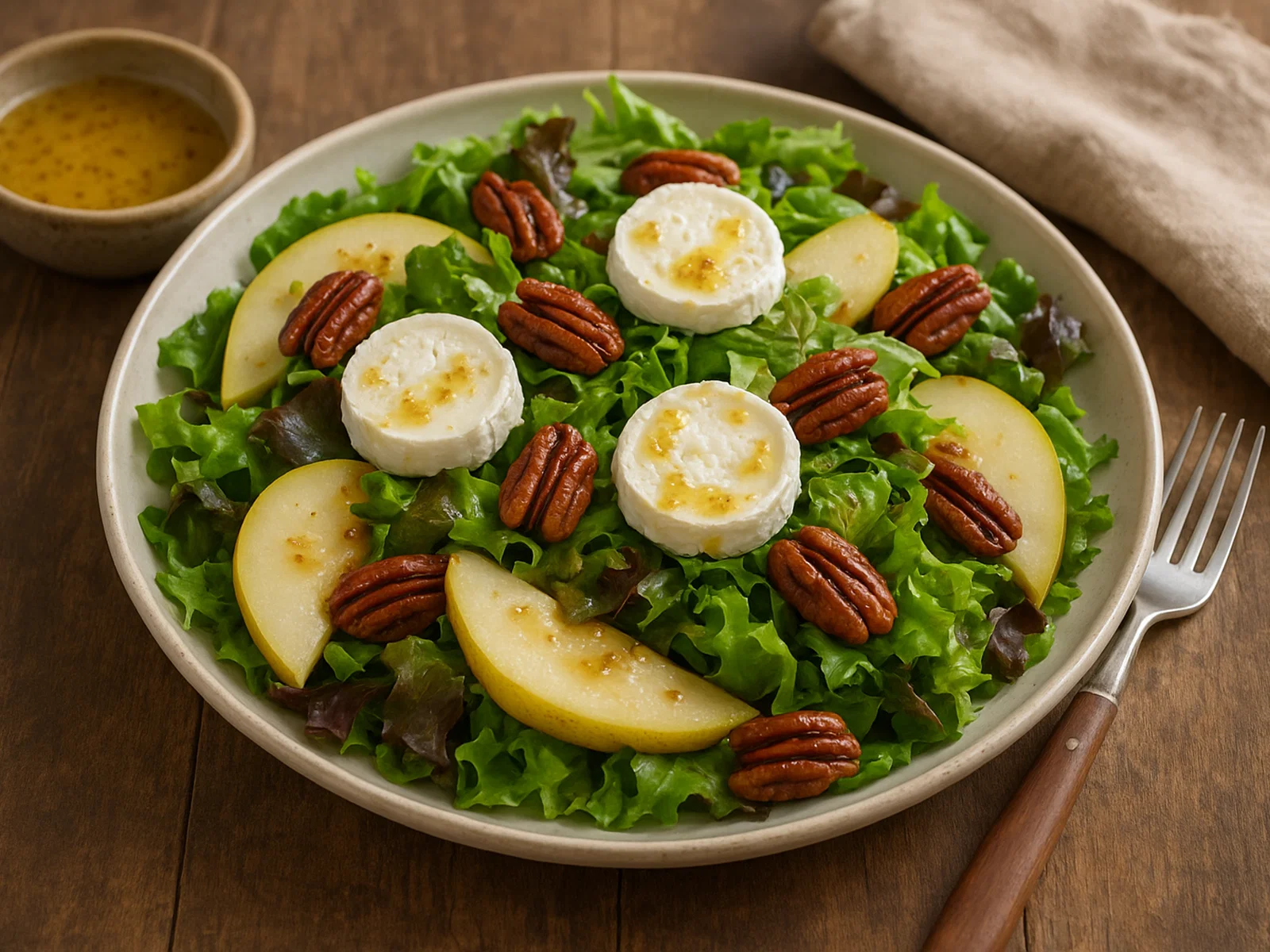 Ziegenkäse-Salat mit Birnen, Pekannüssen und Honig-Senf-Dressing