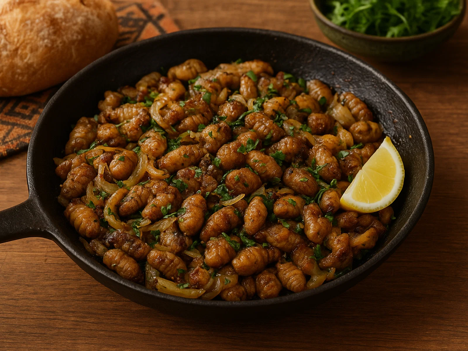 Gebratene Omajowa (namibische Termitenpilze) mit Kräutern