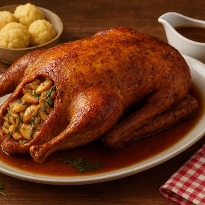 Festliche gebratene Gans mit Apfel-Zwiebel-Füllung und Bratensauce