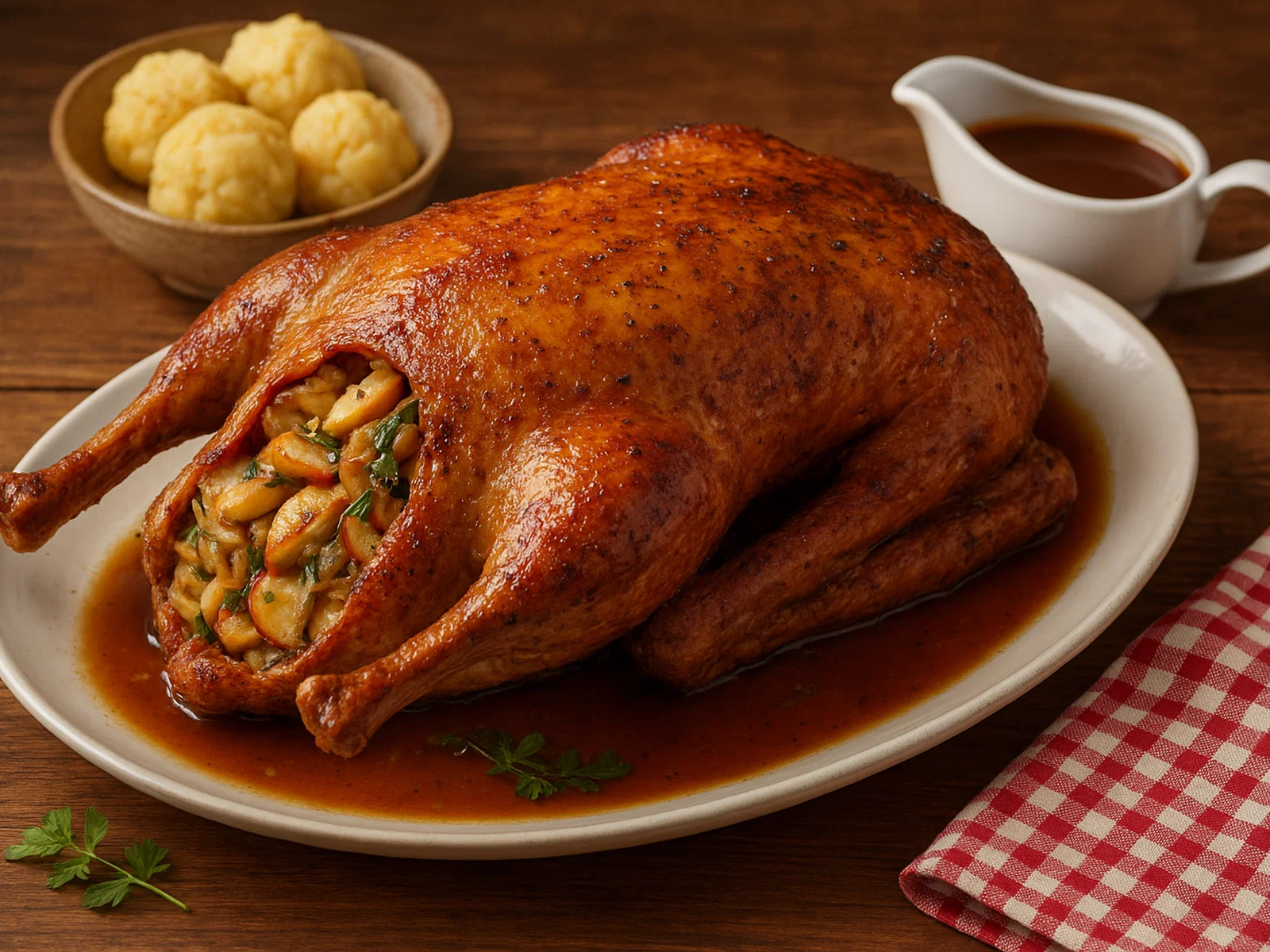 Festliche gebratene Gans mit Apfel-Zwiebel-Füllung und Bratensauce