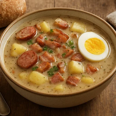 Żurek – Polnische Sauerteigsuppe mit Geräuchertem