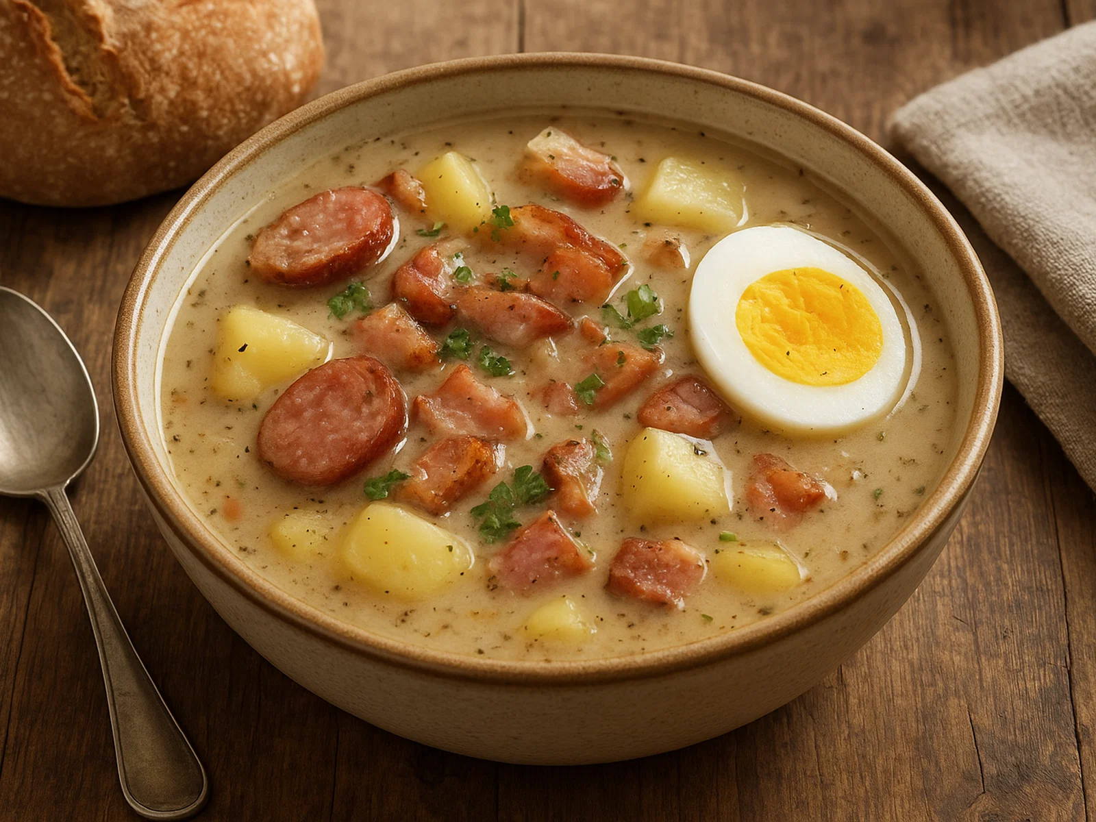 Żurek – Polnische Sauerteigsuppe mit Geräuchertem