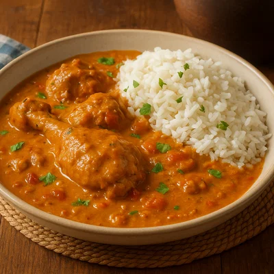 Nkhuku – Simbabwisches Huhn in cremiger Erdnusssauce mit Reis