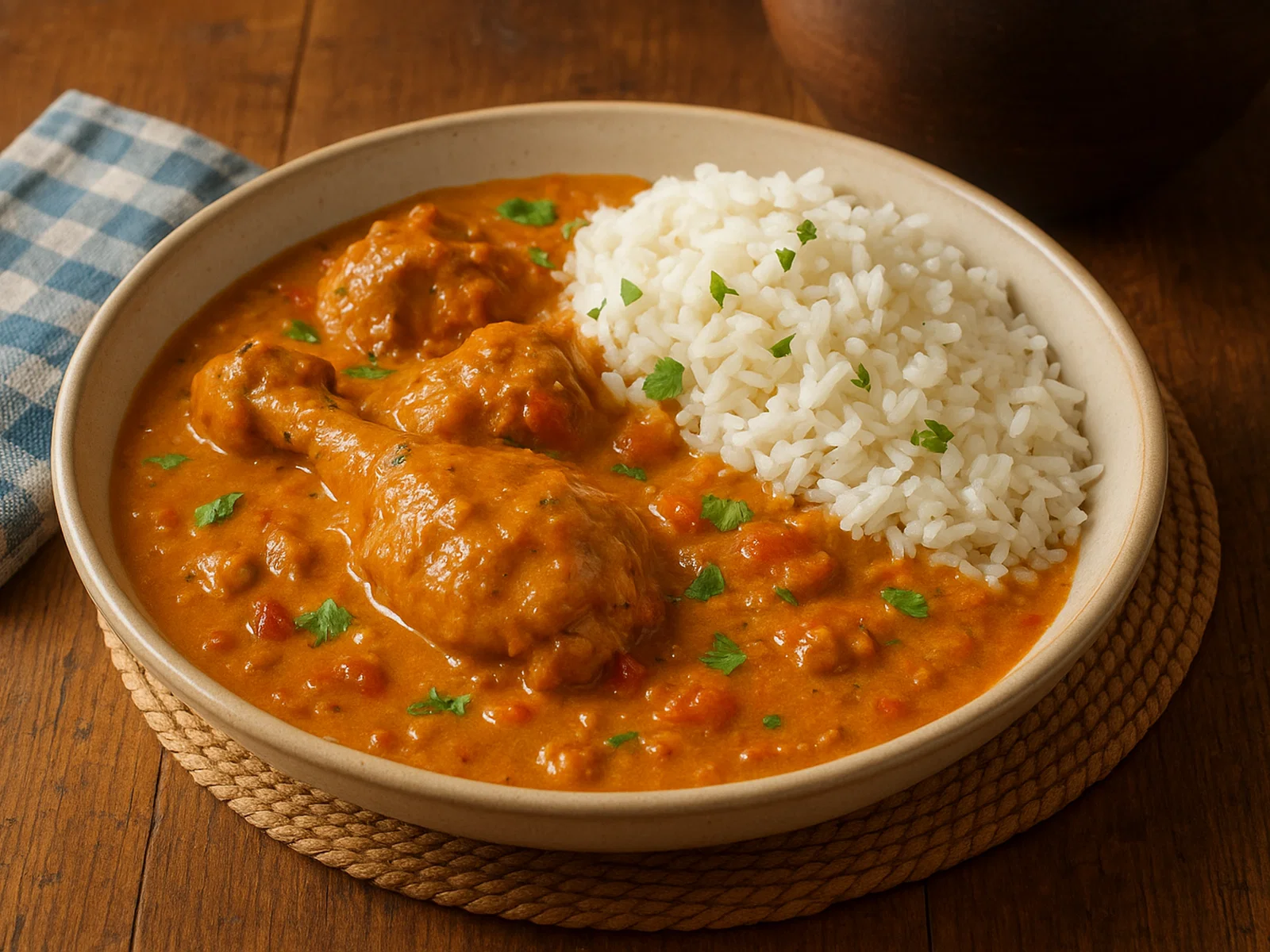 Nkhuku – Simbabwisches Huhn in cremiger Erdnusssauce mit Reis