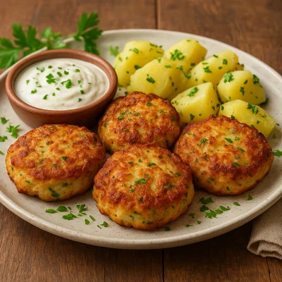 Knusprige Kabeljau‑Küchlein mit Kartoffeln und Kräutern