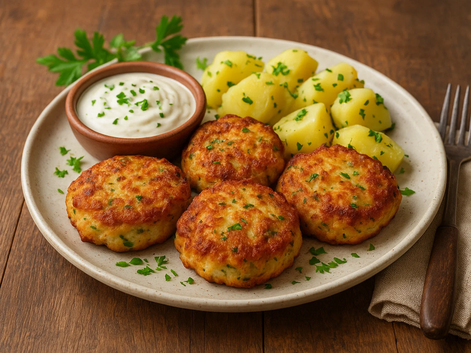Knusprige Kabeljau‑Küchlein mit Kartoffeln und Kräutern