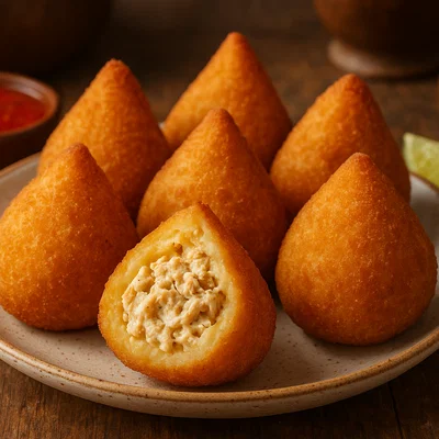 Brasilianische Coxinha mit cremiger Hähnchenfüllung