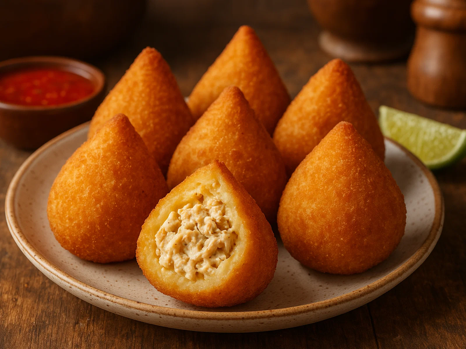 Brasilianische Coxinha mit cremiger Hähnchenfüllung