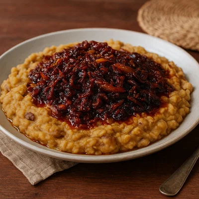 Ewa Agoyin – Bohnen- und Kochbananenbrei mit scharfer Zwiebel-Tomaten-Sauce