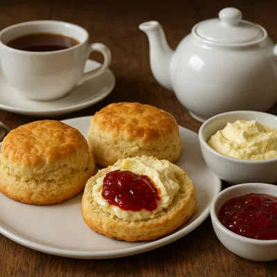 Jersey Cream Tea mit Scones, Clotted Cream und Erdbeermarmelade