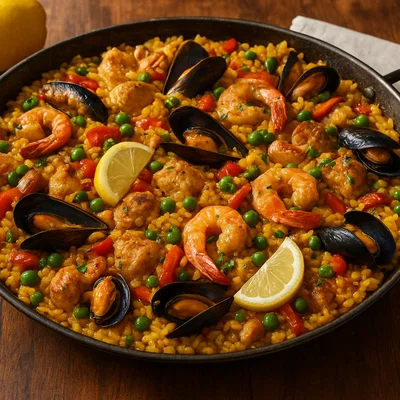 Spanische Paella mit Huhn und Meeresfrüchten
