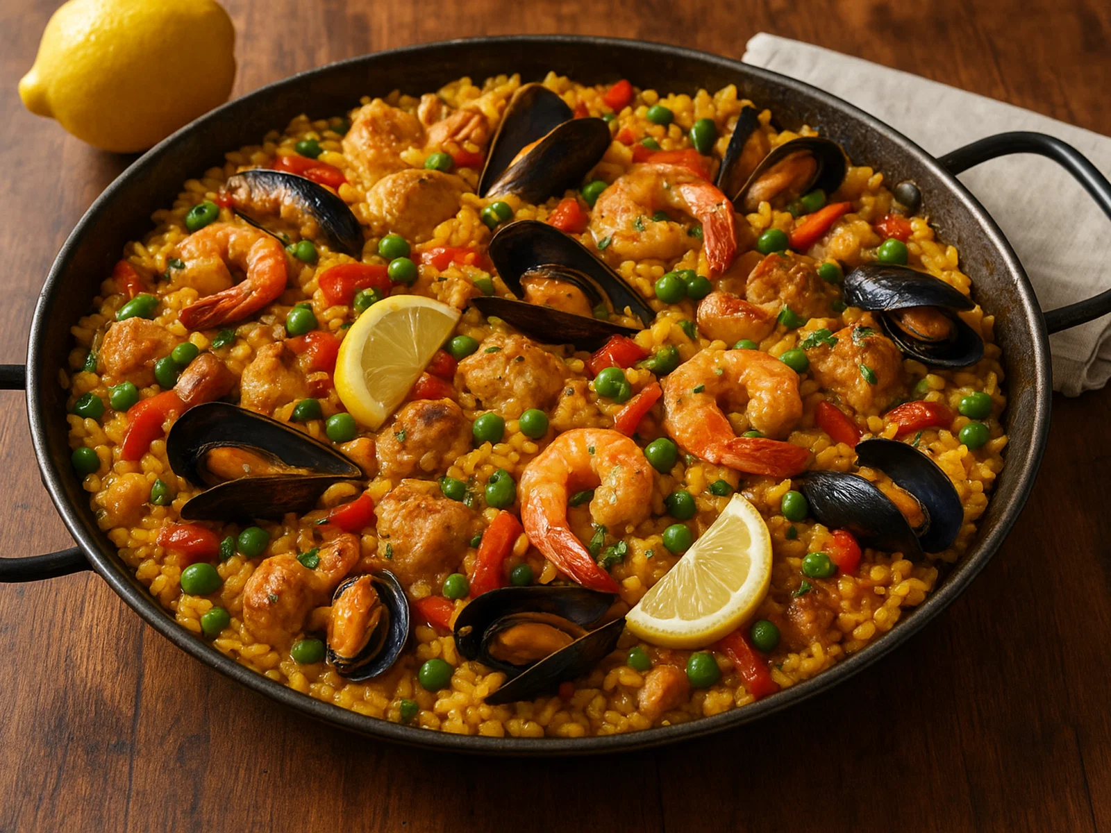 Spanische Paella mit Huhn und Meeresfrüchten