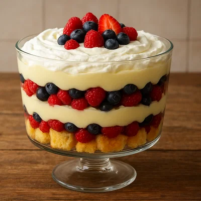 Klassischer Trifle mit Beeren, Vanillepudding und Sahne