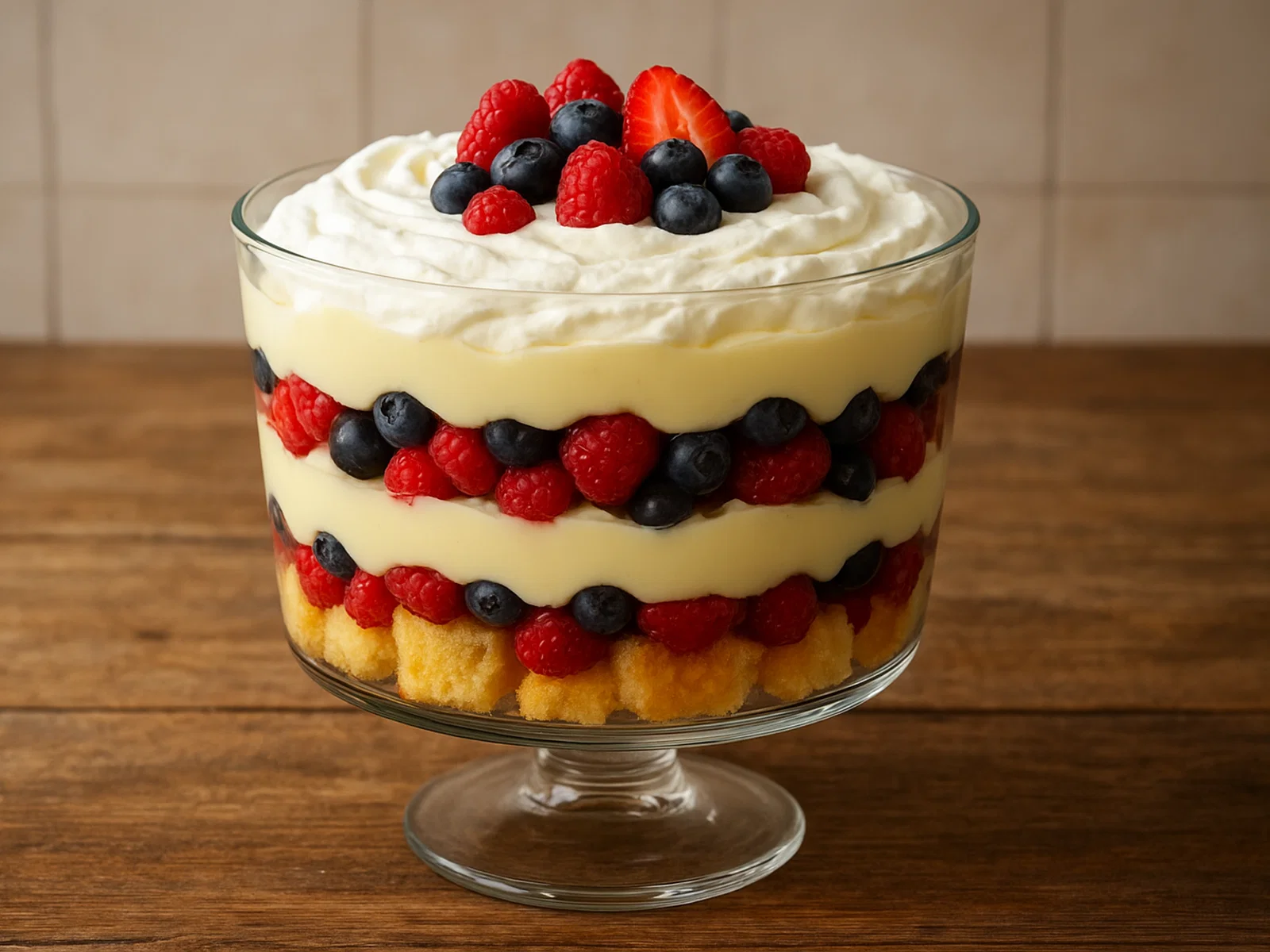 Klassischer Trifle mit Beeren, Vanillepudding und Sahne