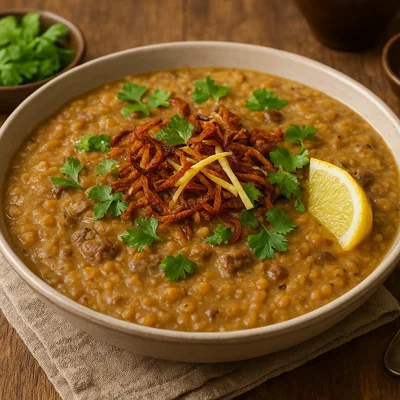 Traditionelles Haleem mit Rindfleisch, Linsen und Weizen