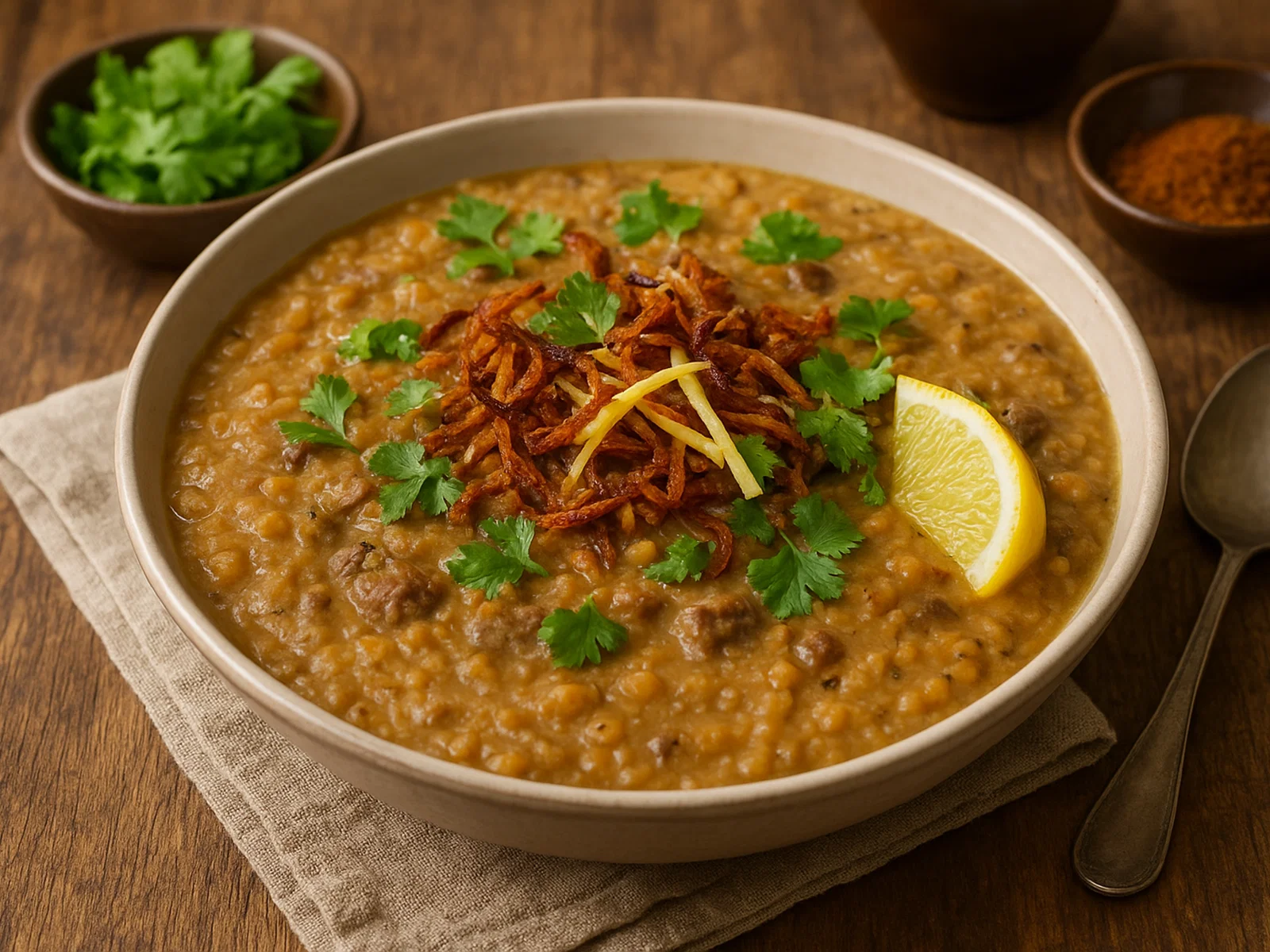 Traditionelles Haleem mit Rindfleisch, Linsen und Weizen