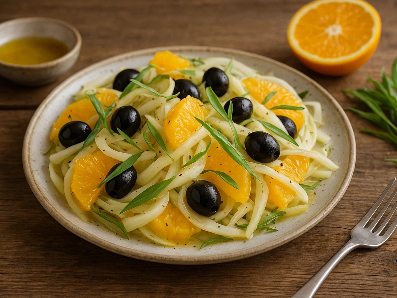 Fenchel-Orangen-Salat mit schwarzen Oliven und Estragon