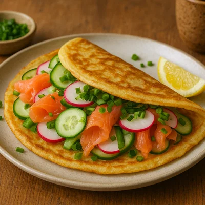 Färöische Pfannkuchen mit Räucherlachs und frischem Gemüse