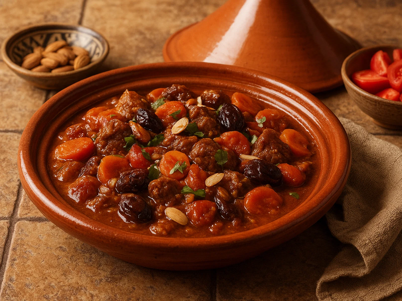 Marokkanische Tajine mit Lammfleisch, Datteln und Tomaten