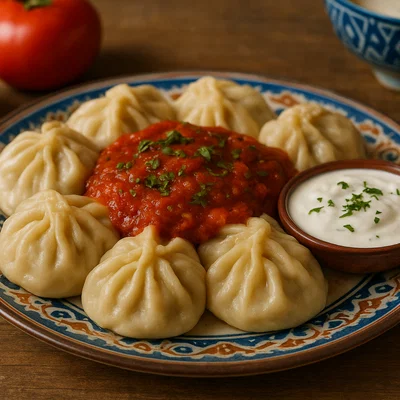 Mantu – Gedämpfte zentralasiatische Teigtaschen mit Fleischfüllung, Tomatensauce und Joghurt-Dip