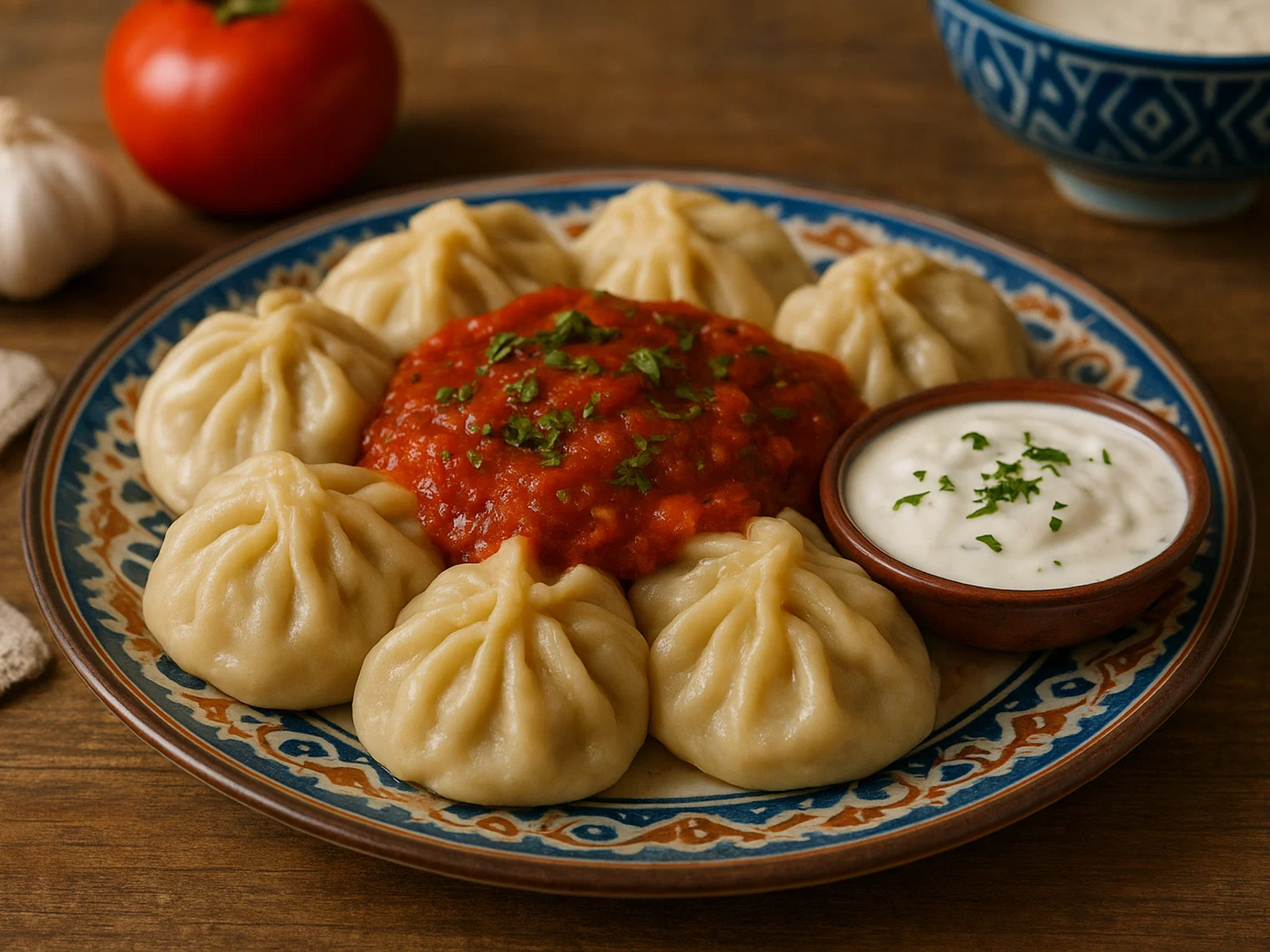 Mantu – Gedämpfte zentralasiatische Teigtaschen mit Fleischfüllung, Tomatensauce und Joghurt-Dip