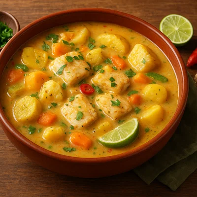 Karibischer Rondón mit Kokosmilch, Fisch und Wurzelgemüse