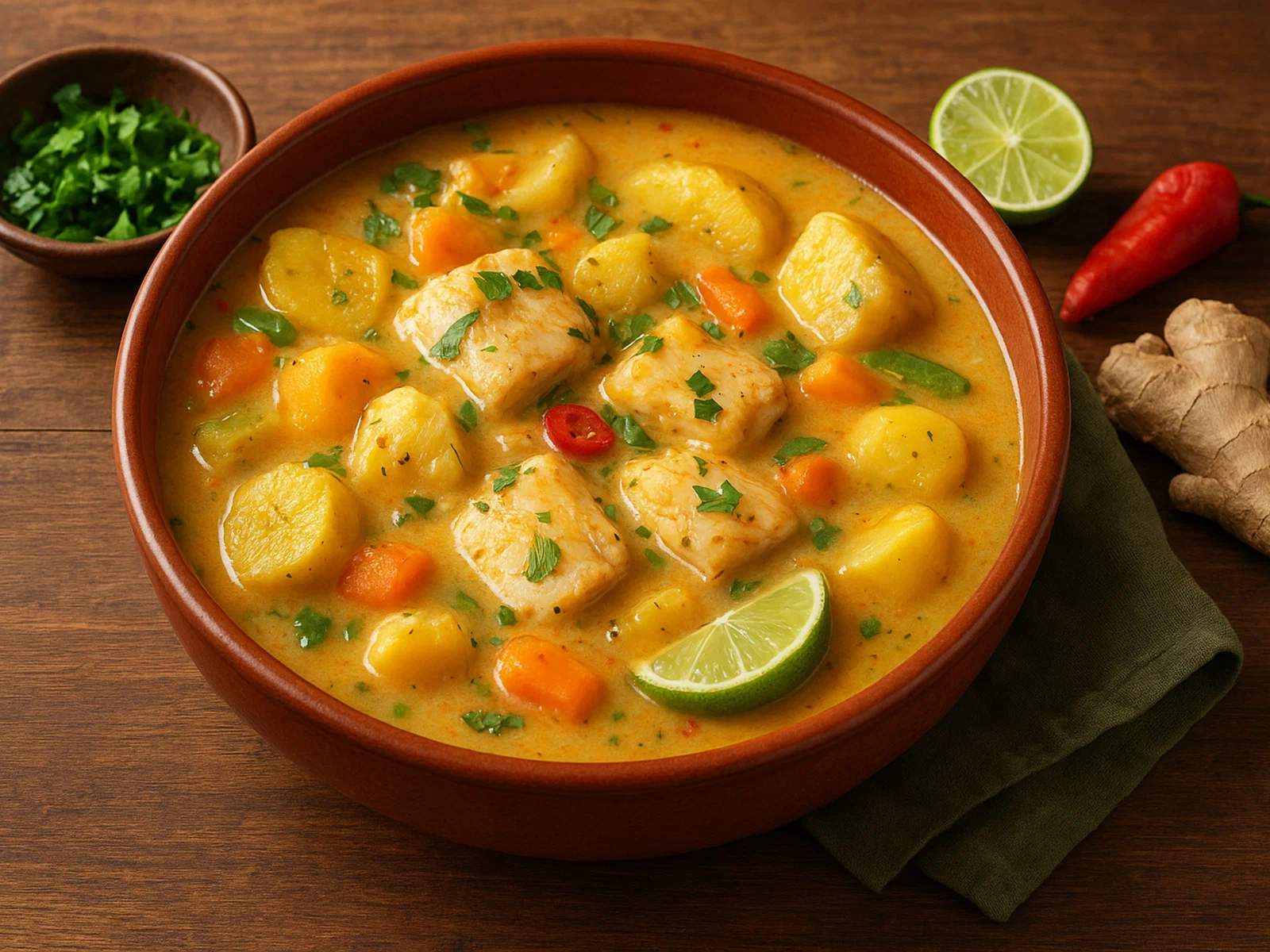 Karibischer Rondón mit Kokosmilch, Fisch und Wurzelgemüse