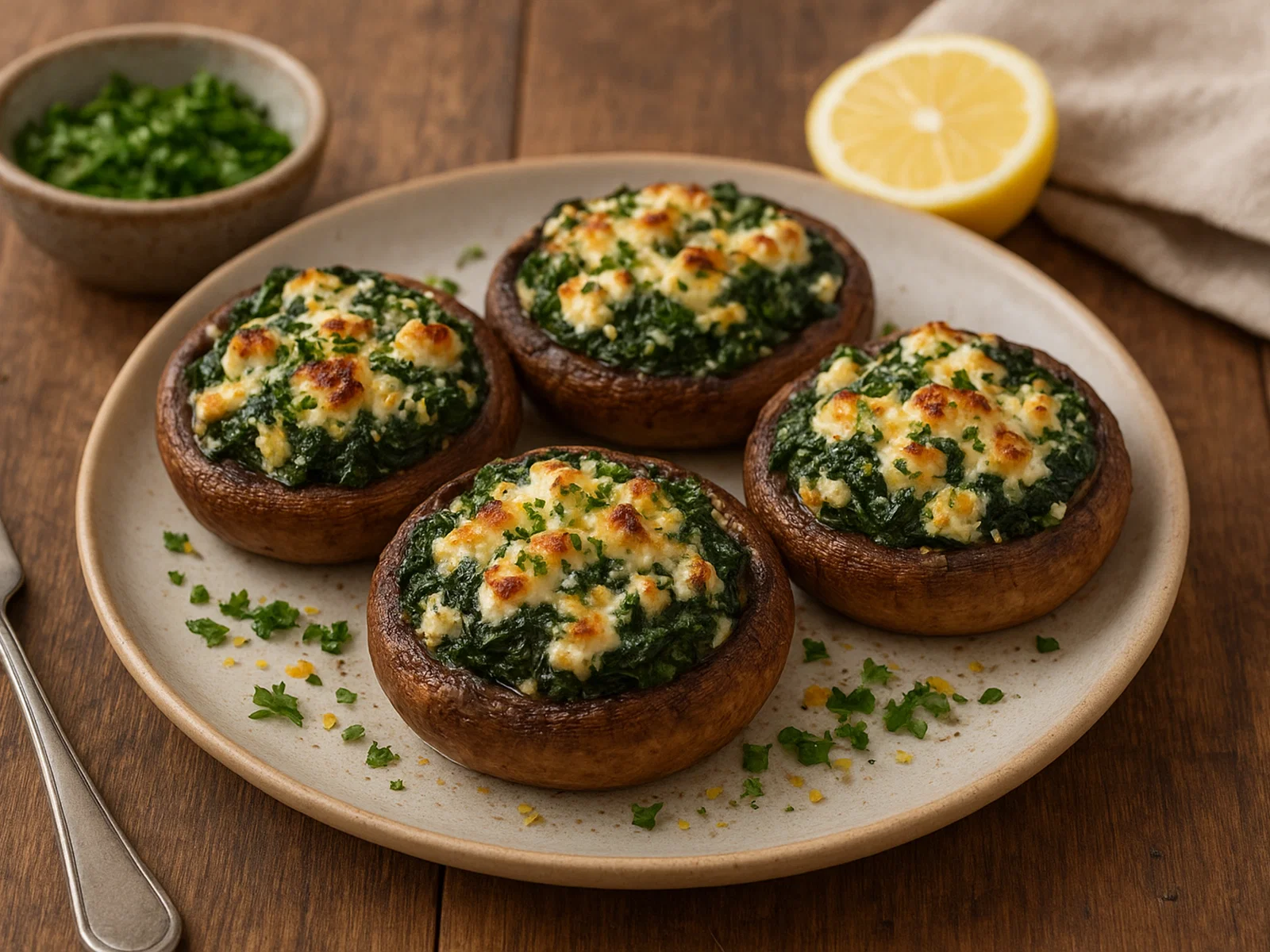 Gefüllte Portobello-Pilze mit Spinat und Schafskäse