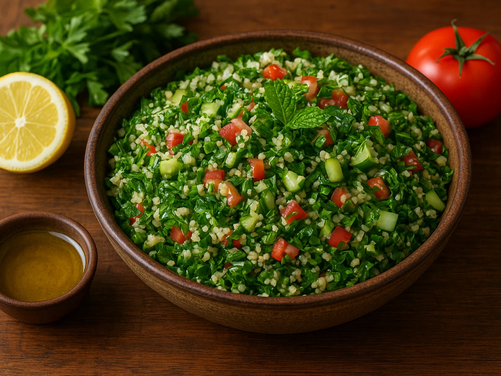 Libanesischer Taboulé-Salat mit Bulgur, Petersilie und Zitrone