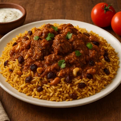 Südafrikanischer Biryani mit Lamm, Rosinen und Nüssen