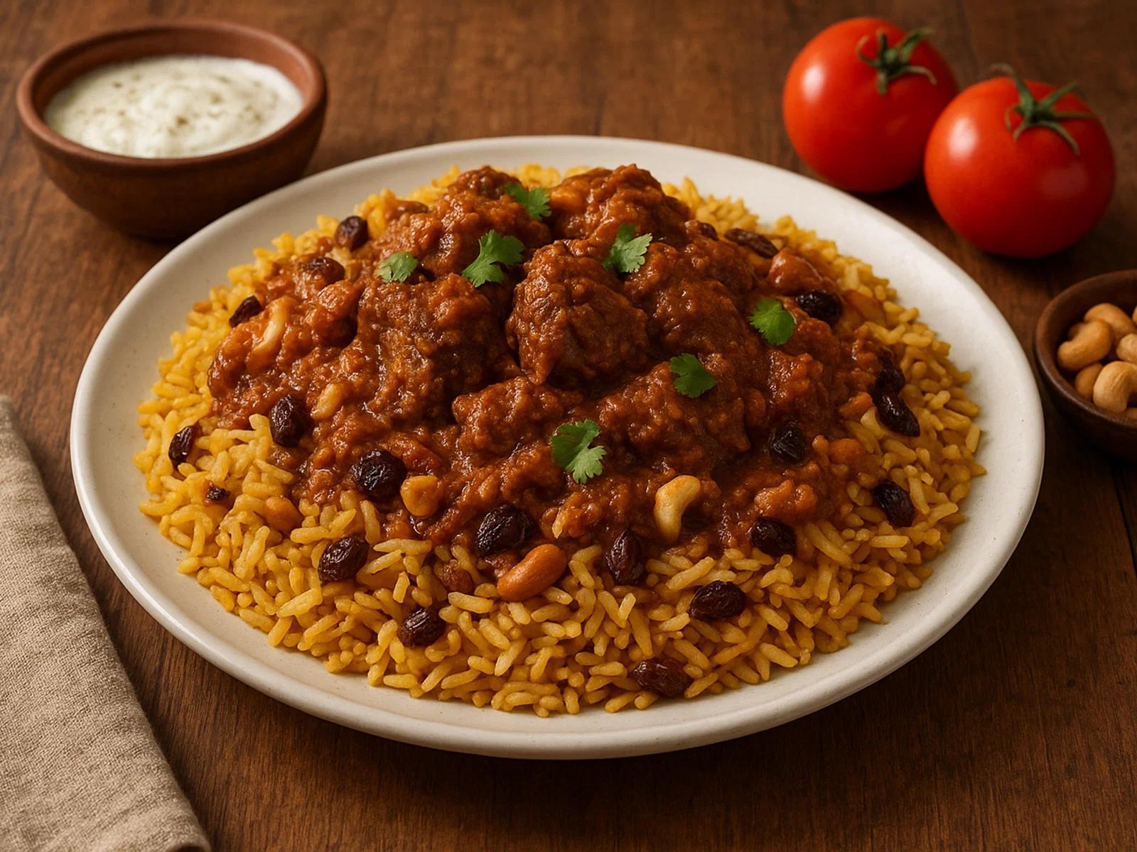 Südafrikanischer Biryani mit Lamm, Rosinen und Nüssen
