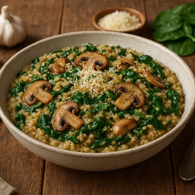 Quinoa-Risotto mit Pilzen und Spinat