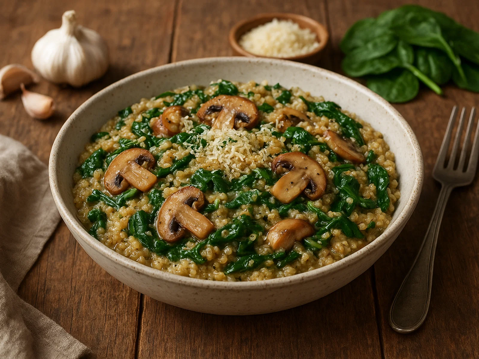 Quinoa-Risotto mit Pilzen und Spinat