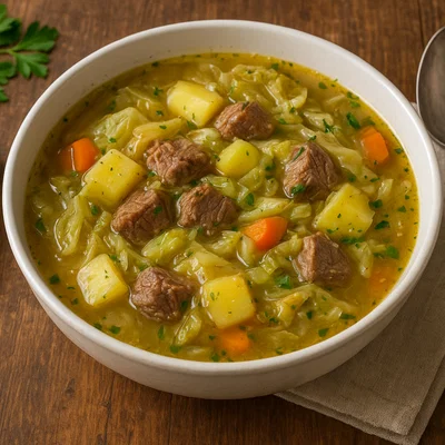 Herzhafte Kohlsuppe mit Fleisch und Kartoffeln