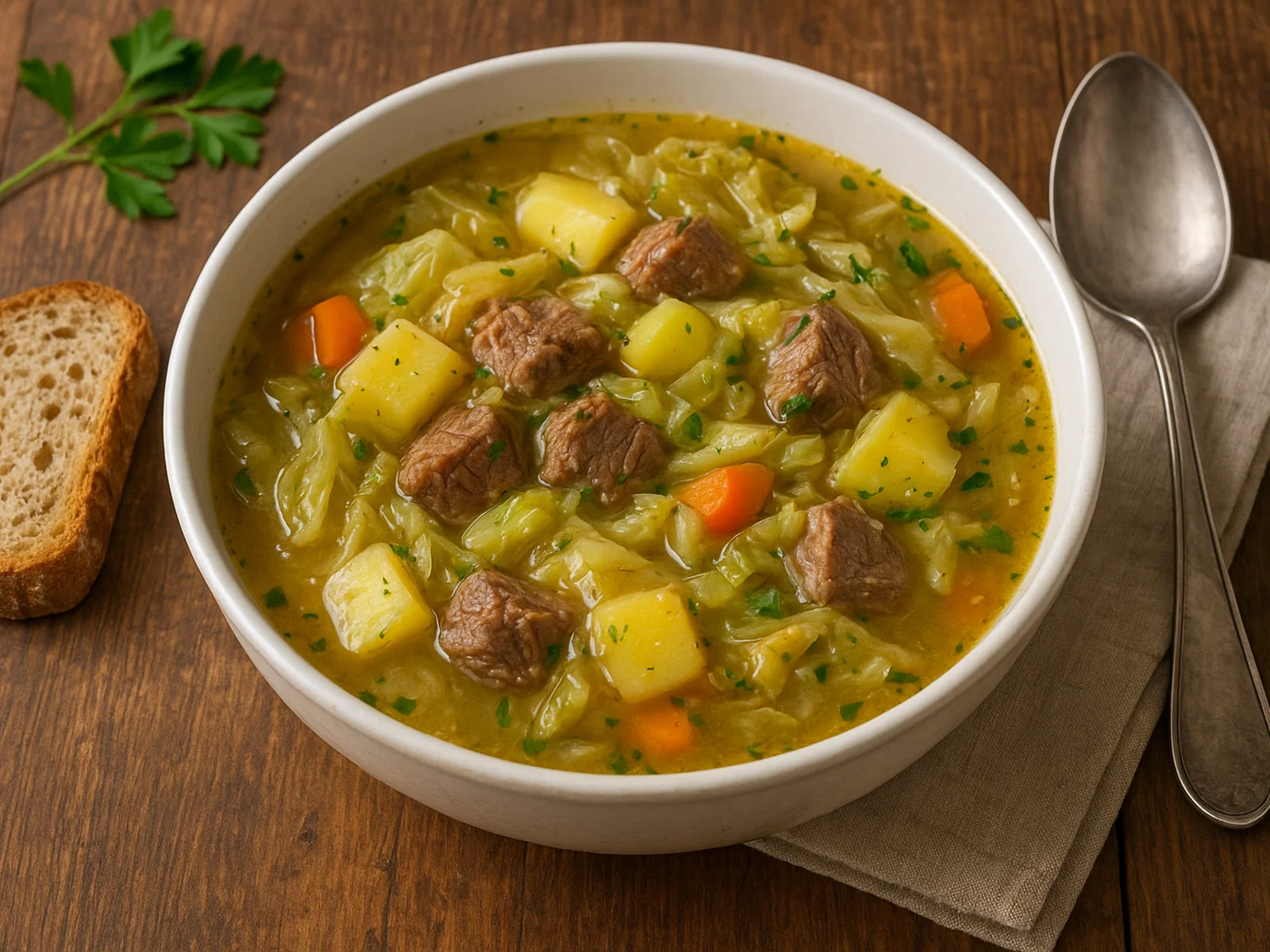 Herzhafte Kohlsuppe mit Fleisch und Kartoffeln