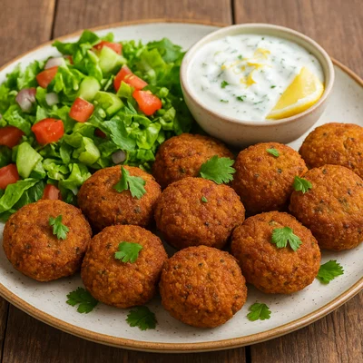 Knusprige Kichererbsen-Falafel mit Joghurtdip und Salat