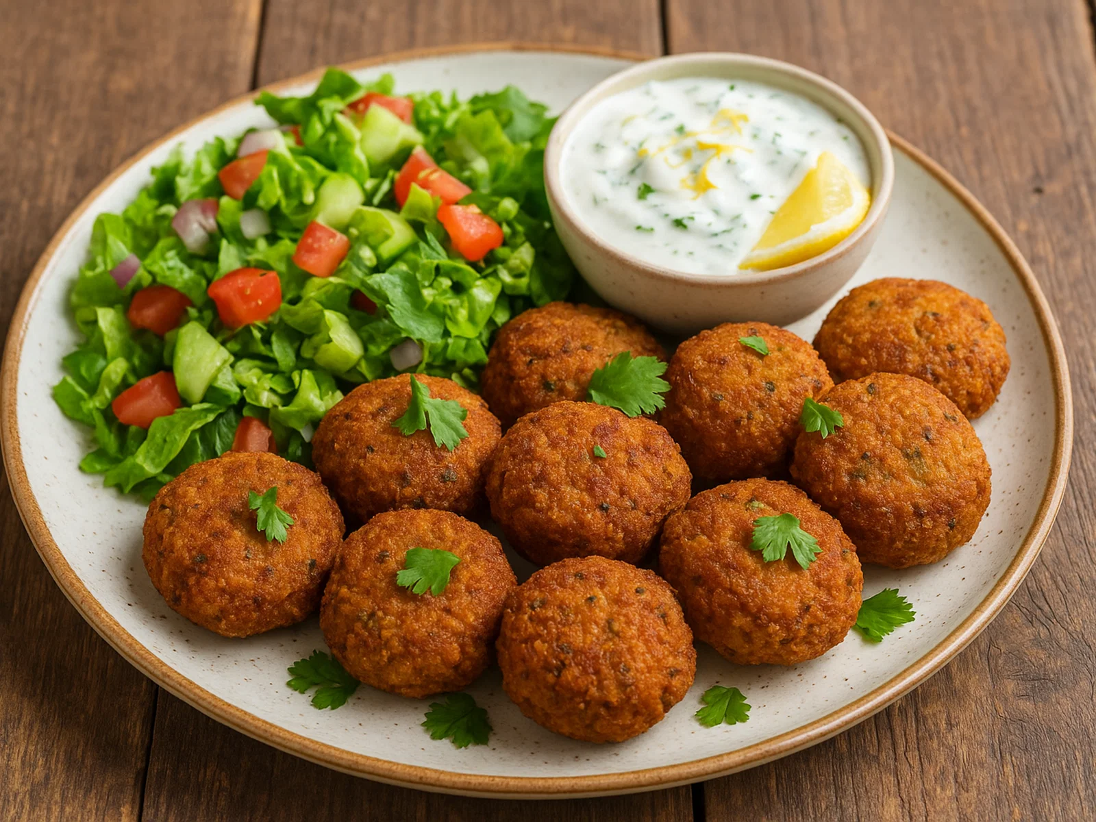 Knusprige Kichererbsen-Falafel mit Joghurtdip und Salat