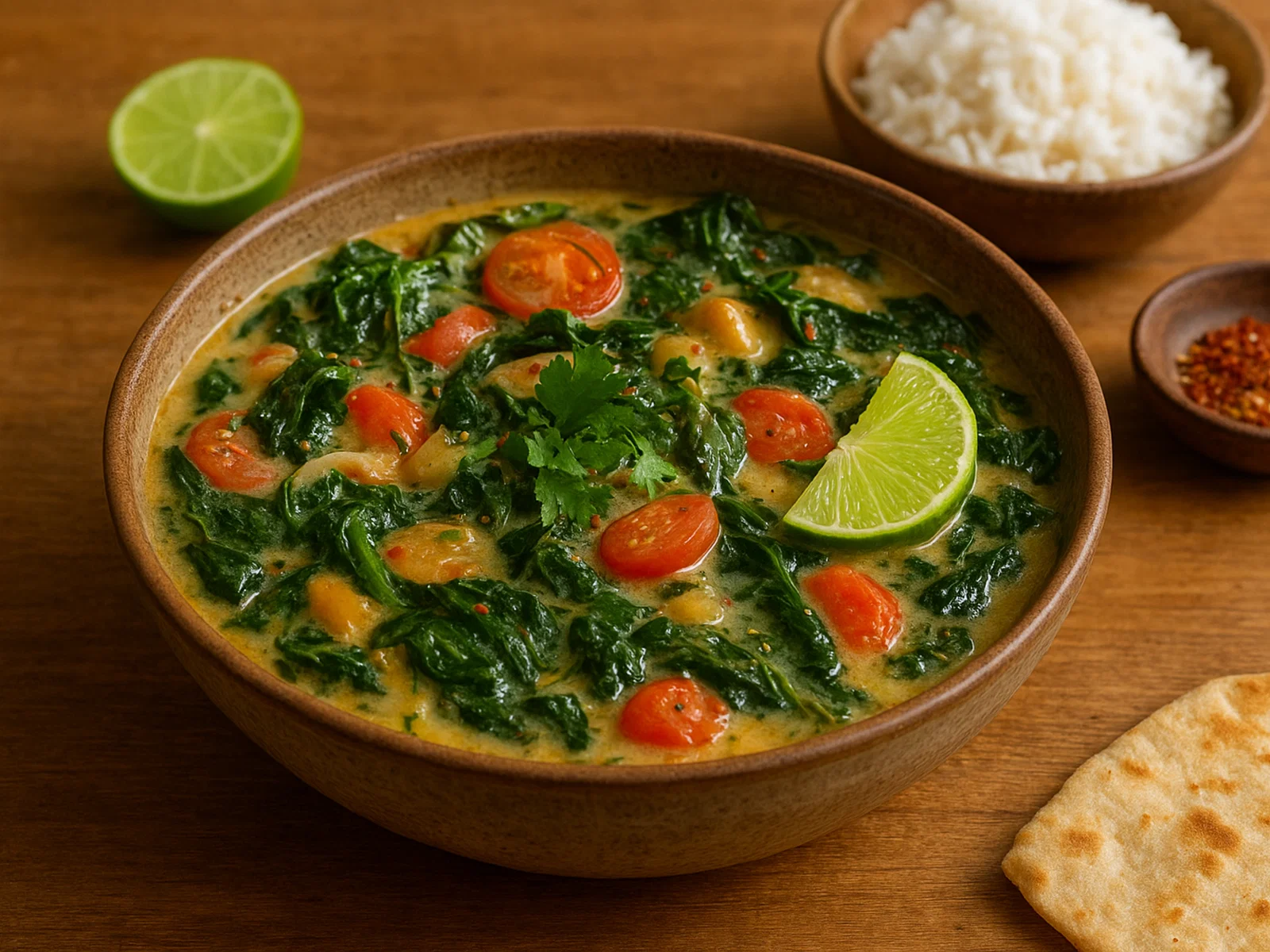 Vegetarisches Lupulu mit Spinat und Kokosmilch