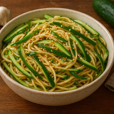 Gurken-Nudelsalat mit Sesam-Sojasoße