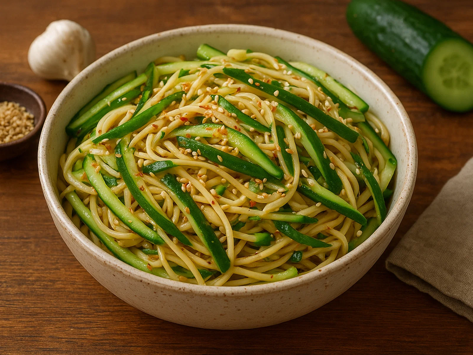 Gurken-Nudelsalat mit Sesam-Sojasoße