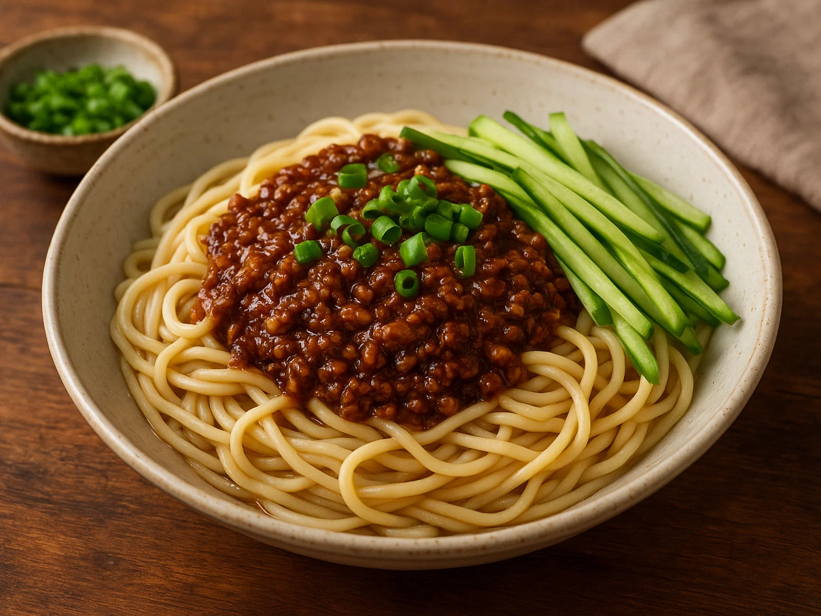 Zhajiang Mian – Nordchinesische Weizennudeln mit würziger Fleisch-Sojabohnen-Sauce