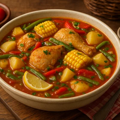 Chilenische Cazuela mit Hähnchen, Mais und Bohnen