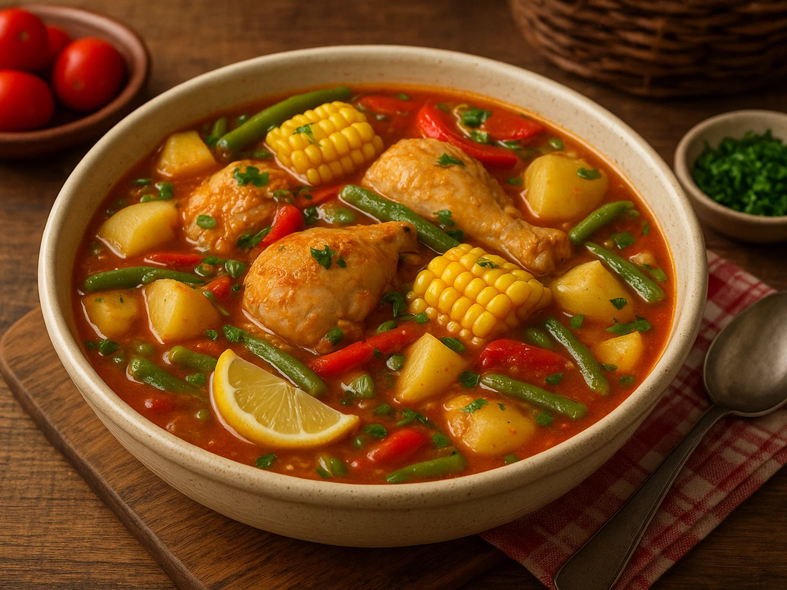 Chilenische Cazuela mit Hähnchen, Mais und Bohnen