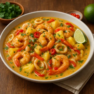 Visiwa – Inselpfanne mit Meeresfrüchten, Ananas und Kokos-Limetten-Sauce